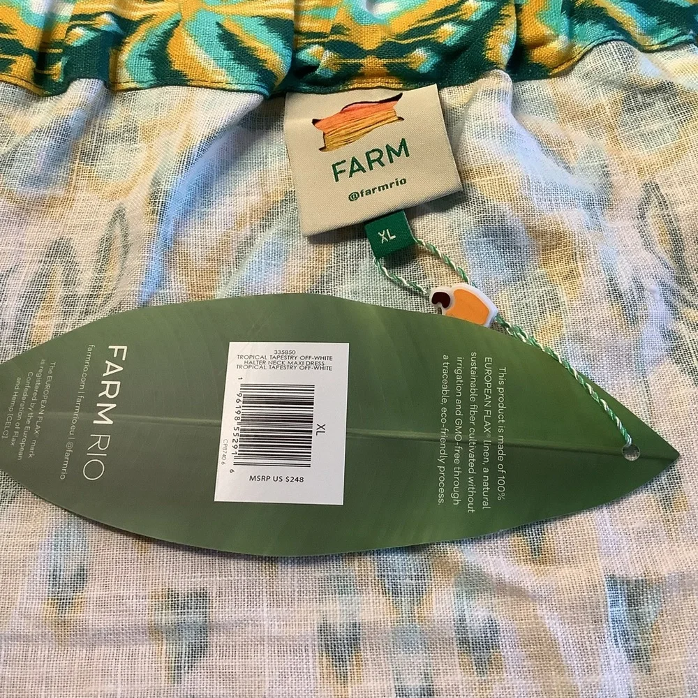 FARM RIO Blue/Greens & Cream Beads Tropical Tapestry Linen Halter Maxi Sundress - Picture 14 of 16